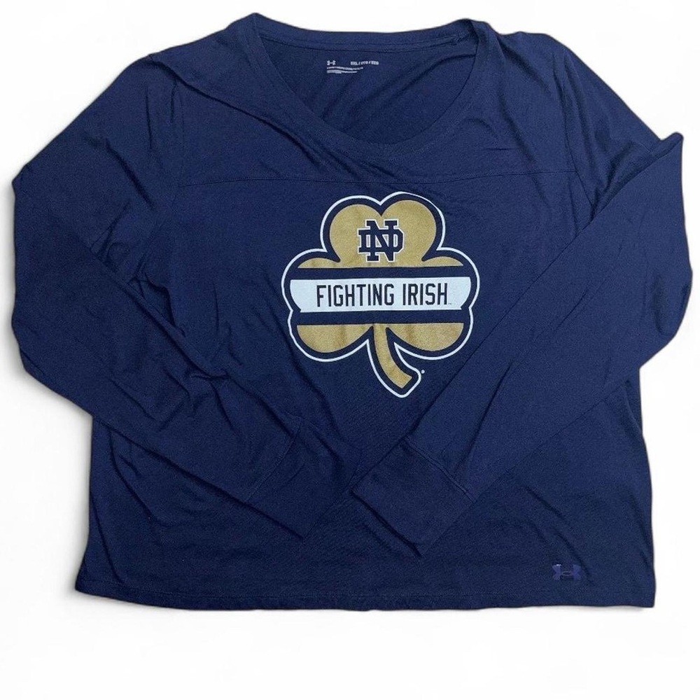 Under Armour Notre Dame Fighting Irish Long Sleeve T Shirt Navy Blue Green Gold